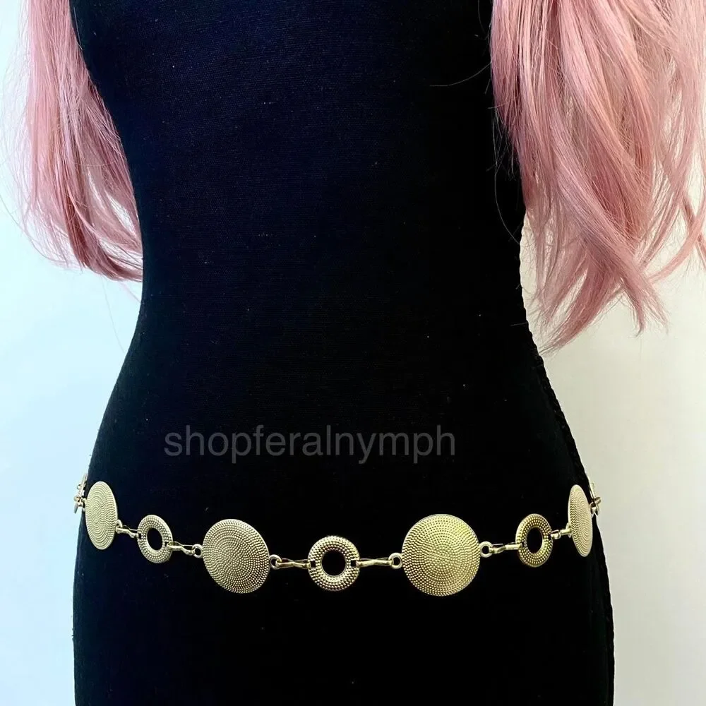 Gold Y2K Textured Disc Open Ring Waist Chain Belt, Fits 24-42 Inches, X7GA1359